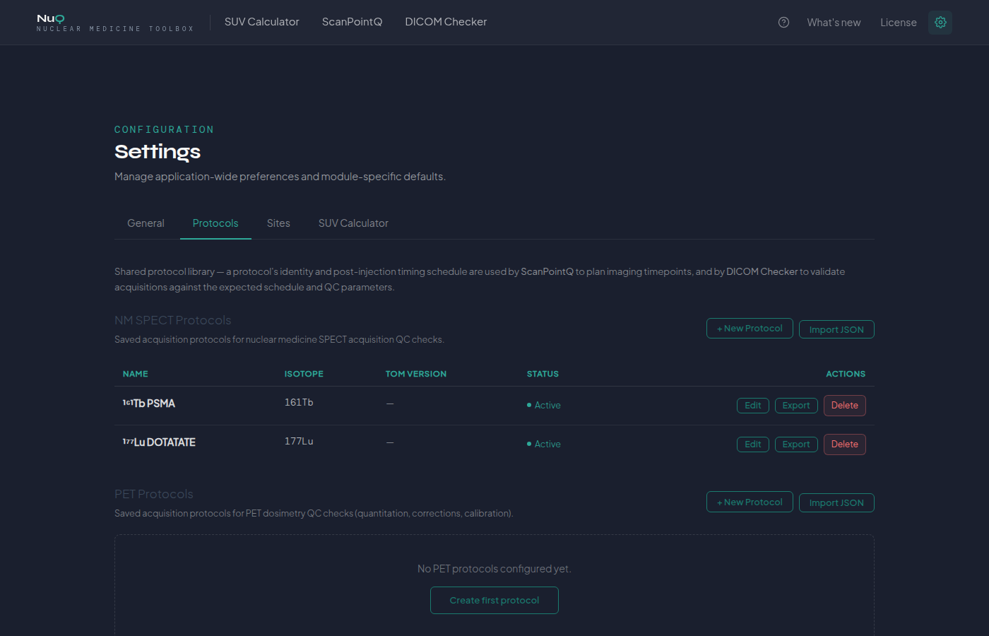 NuQ Settings — shared Protocol registry, used by both ScanPointQ and DICOM Checker