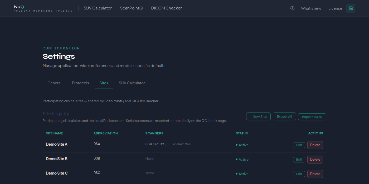 NuQ Settings — shared Site registry with registered scanners, used by both modules
