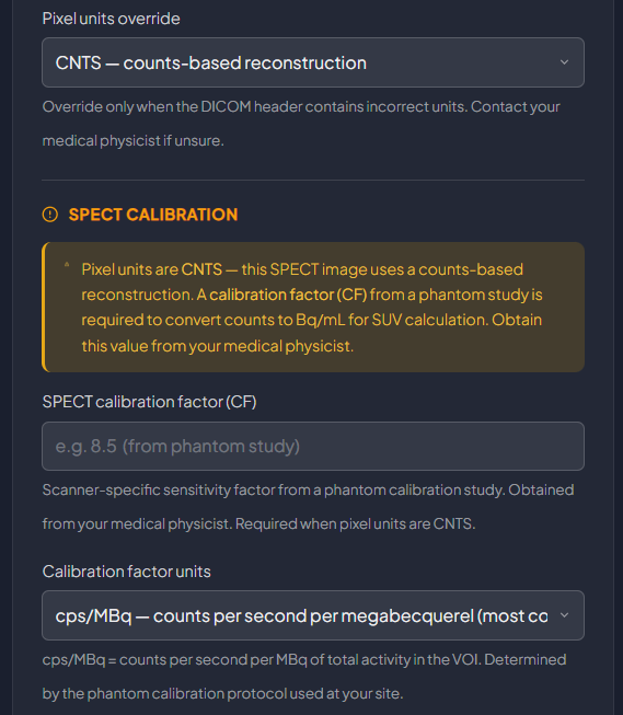 NuQ SUV Calculator — SPECT calibration factor entry with unit selector