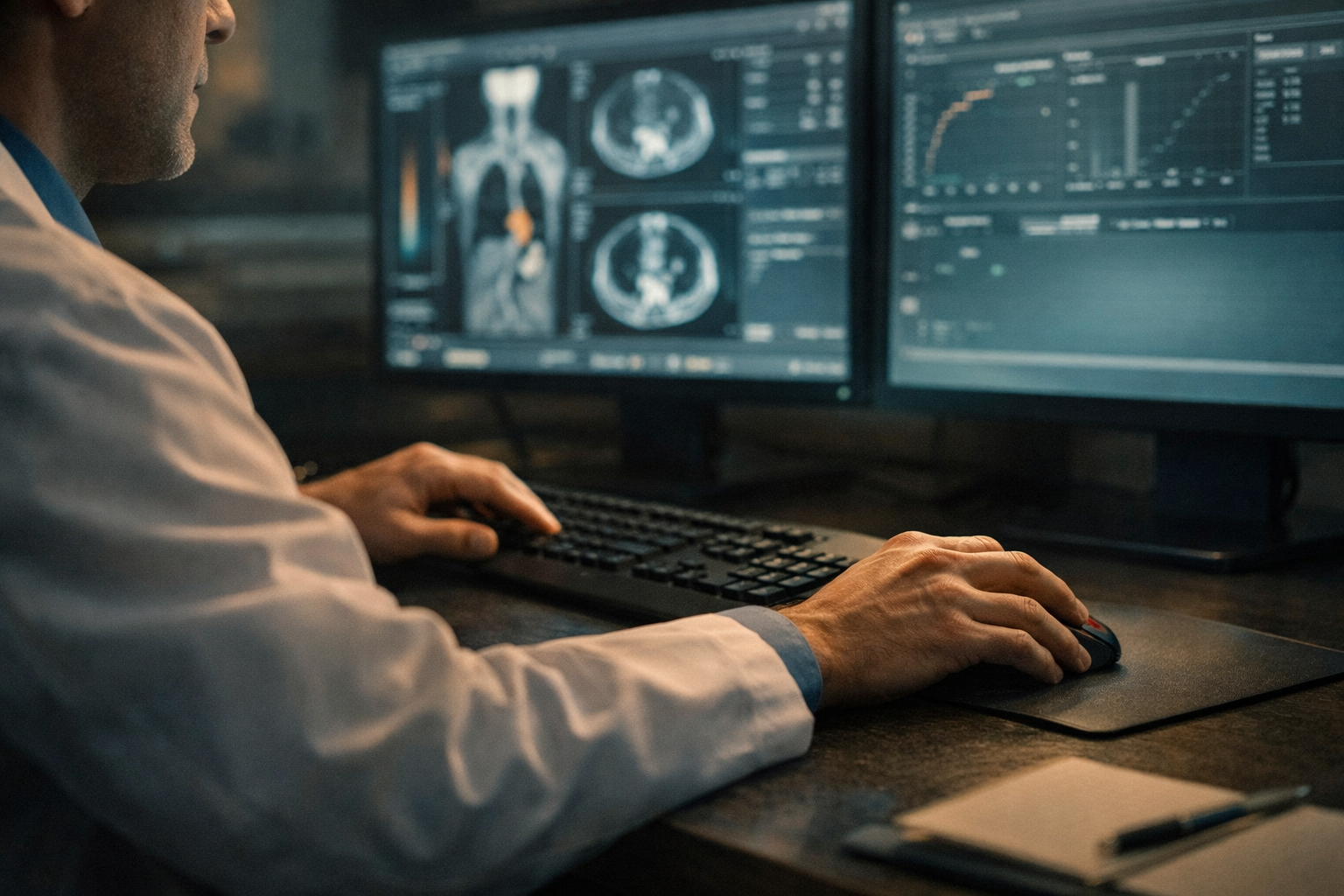 Medical physicist reviewing dosimetry at workstation